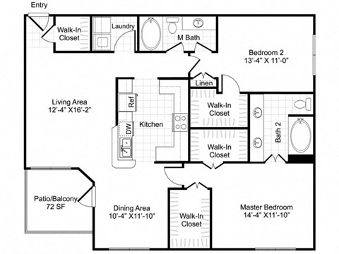 Floor plan for 2 beds, 2 baths, 1320 sqft